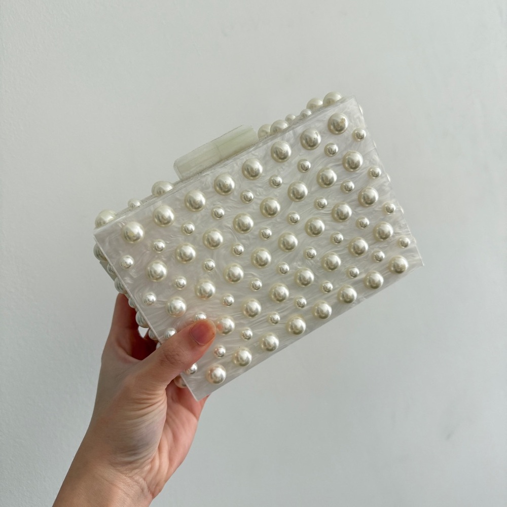 Zara White Pearl-Studded Clutch